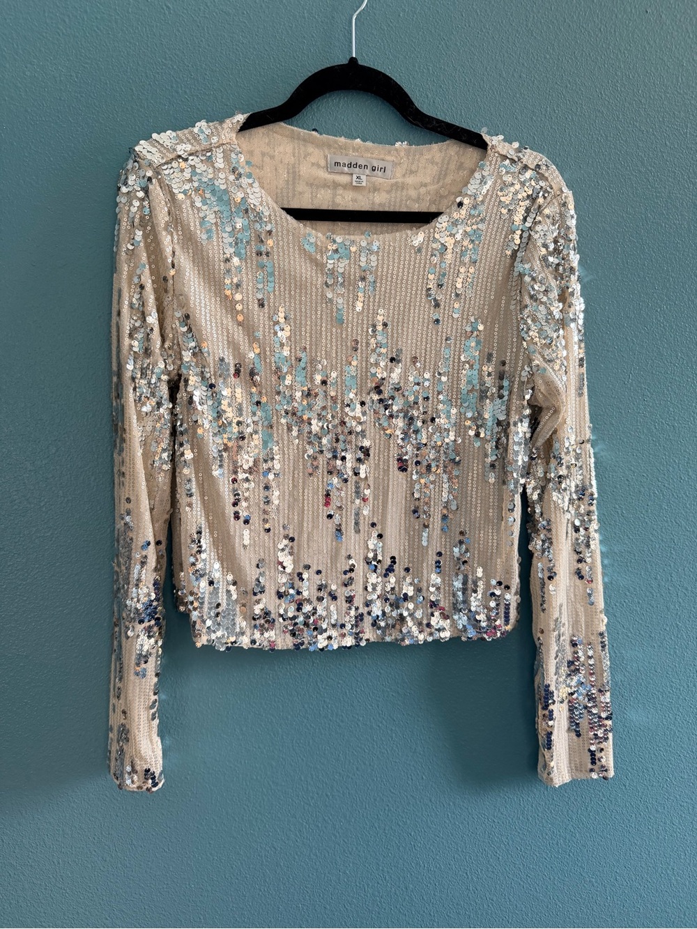 Madden Girl Cream Long-Sleeve Sequin Embellished Top- fits Medium
